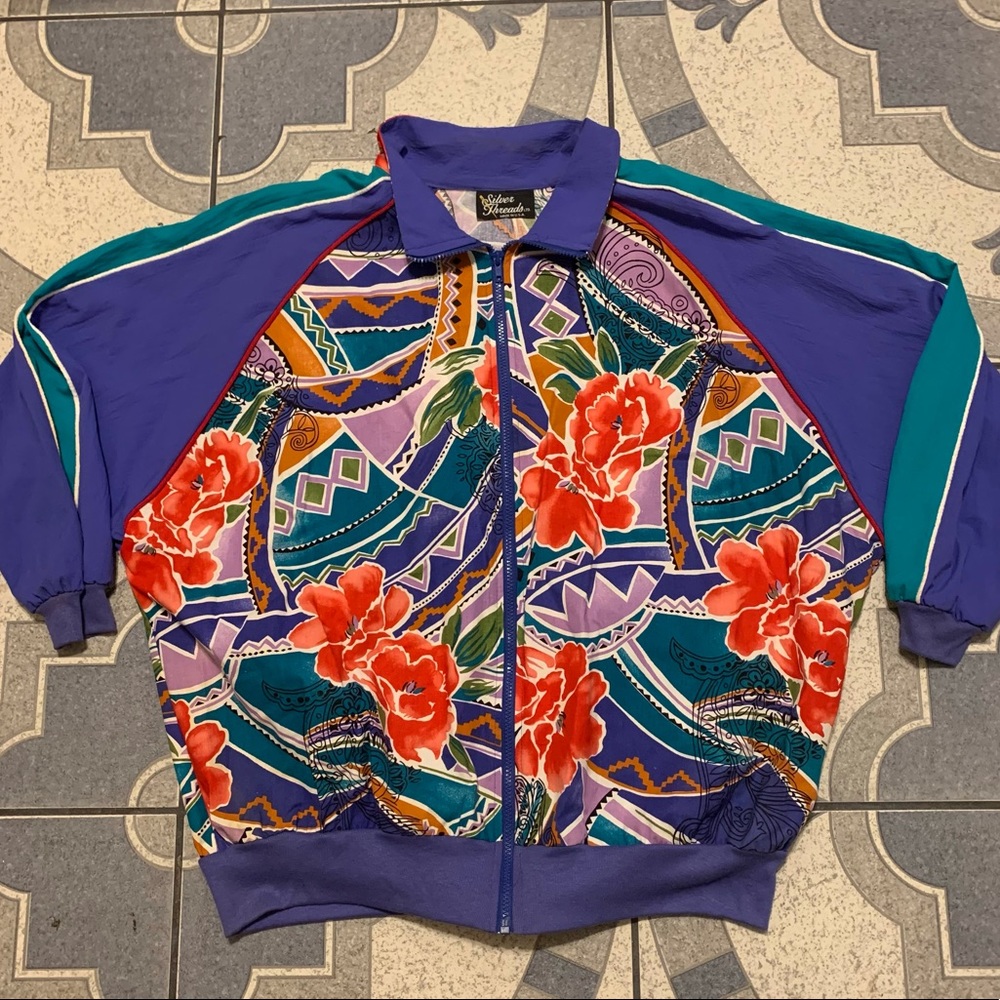NWOT VTG Floral 3/4 Sleeve Full Zip Windbreaker L
